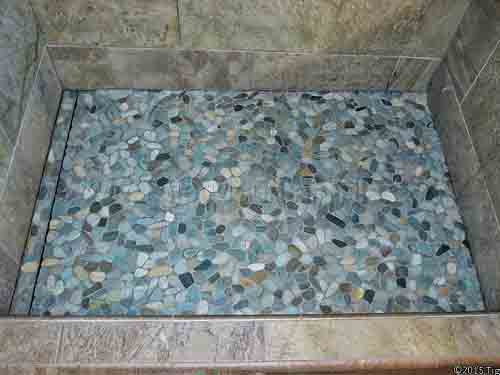 pebble tile shower floor linear drain