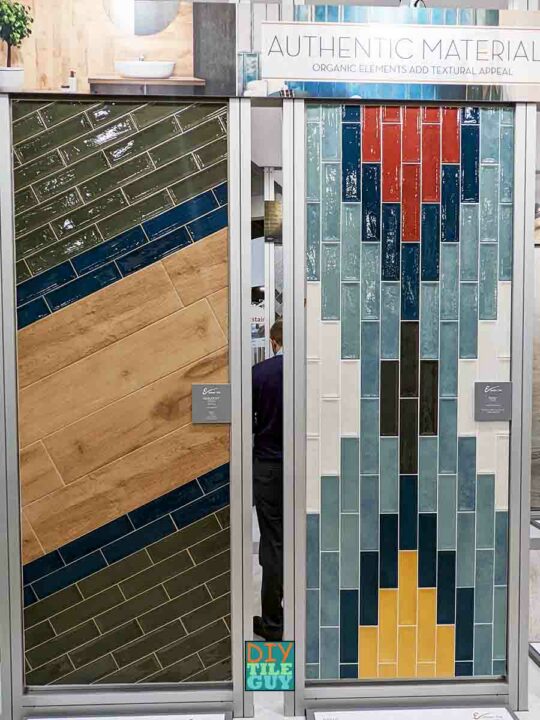 Colorful Emser large subway tile and wood-look tile