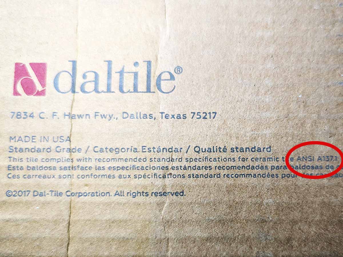 ANSI A137.1 stamped on a box of tile
