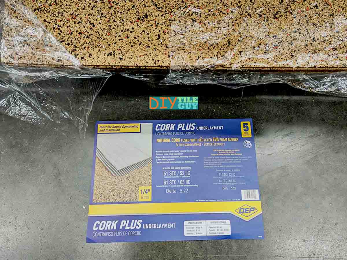Cork underlayment for insulating the concrete slab prior to installing tile