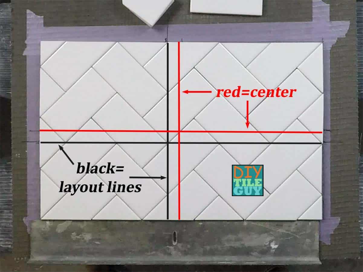 a rectangular herringbone tile pattern with a set of lines showing both horizontal and vertical center and a set of layout lines on the points of the tile